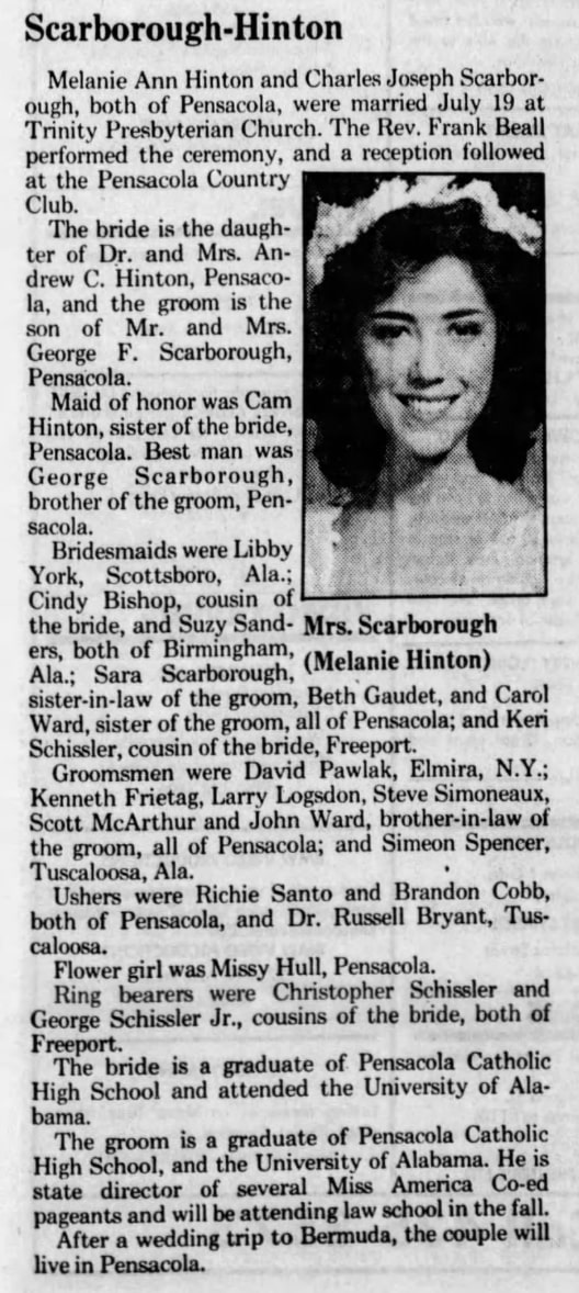 Melanie Hinton and Joe Scarborough got married on July 19, 1986, at the Trinity Presbyterian Church in Pensacola